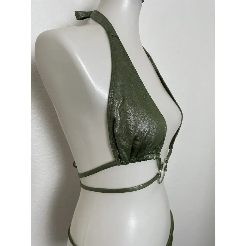Fashion Nova Swim String Bikini Swimsuit Strappy Green Metallic Summer Festival